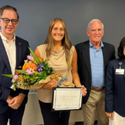 From Left: Dean Danny Willis, Hope Melanson, Flynn Foundation founder and President Fred Flynn, and HopeHealth President and CEO Diana Franchitto